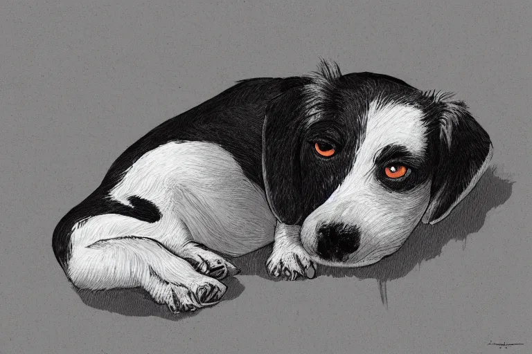 Image similar to cute black and white jack russel terrier laying on dog bed, large round eyes, concept art, fantasy illustration, by victo ngai and diego gisbert llorens