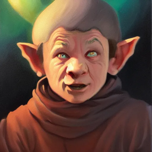 Prompt: An oil painting by Beeple of a Halfling thief, scared face, handsome, dressed in a cloak