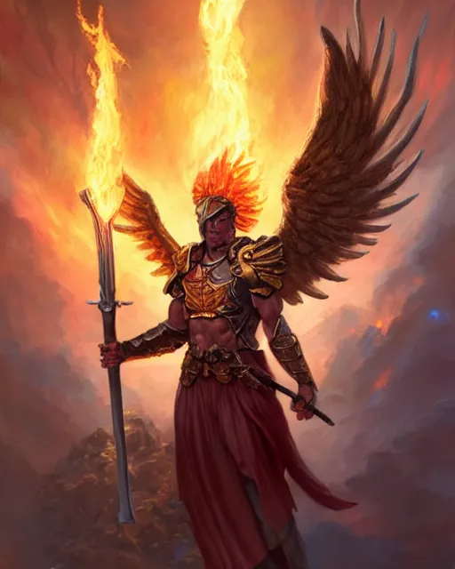 Prompt: character portrait of a brawny male warrior angel of justice, with fiery golden wings made of flame, wearing shining armor, wielding a flaming sword and shield, by peter mohrbacher, mark brooks, jim burns, wadim kashin, greg rutkowski, larry elmore, trending on artstation