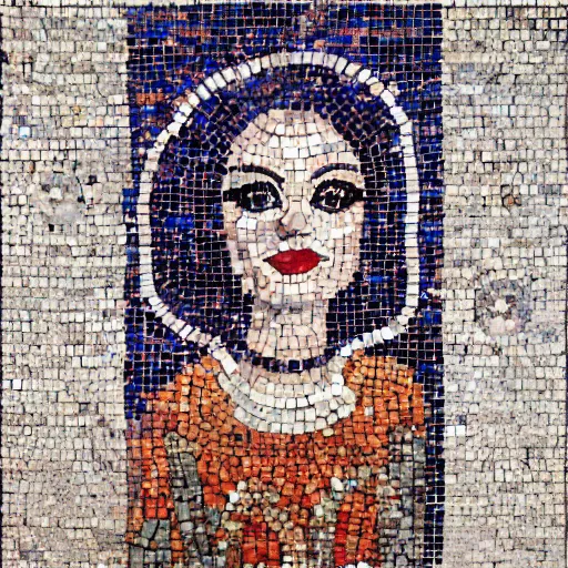 Prompt: beautiful colorful emma stone in zeugma mosaic, many small stones, extreme detail