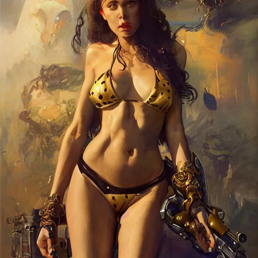 Prompt: highly detailed portrait of a female james bond, d & d. wearing a bikini, art by donato giancola, eugene delacroix, ruan jia, carl larsson, peter mohrbacher. trending on artstation, intricate details, energetic composition, golden ratio, concept art, illustration, elegant art, global illuminaition