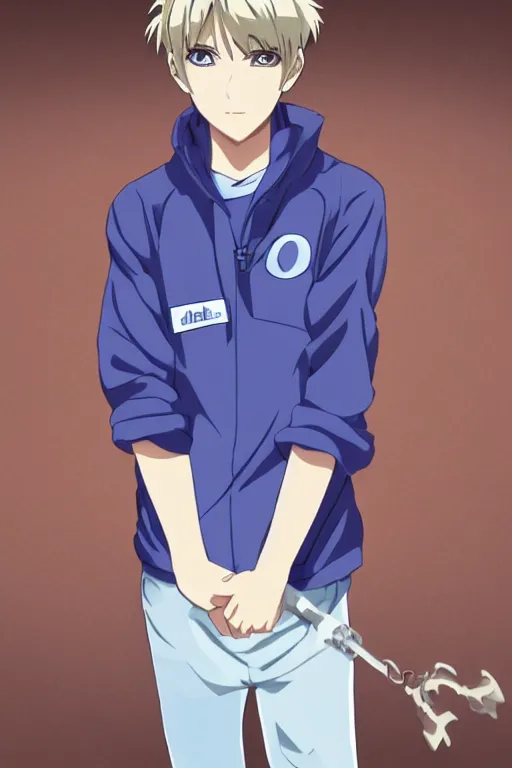 Image similar to portrait of a teen boy wearing a blue and white jumpsuit, brown spiky hair, tan skin, purple eyes, detailed, anime key visual, hisashi hirai