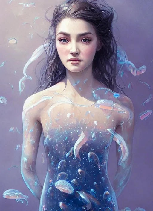 Image similar to a beautiful woman in a jellyfish themed dress. beautiful highly detailed face, looking directly at the viewer. painting by artgerm and greg rutkowski and magali villanueve.