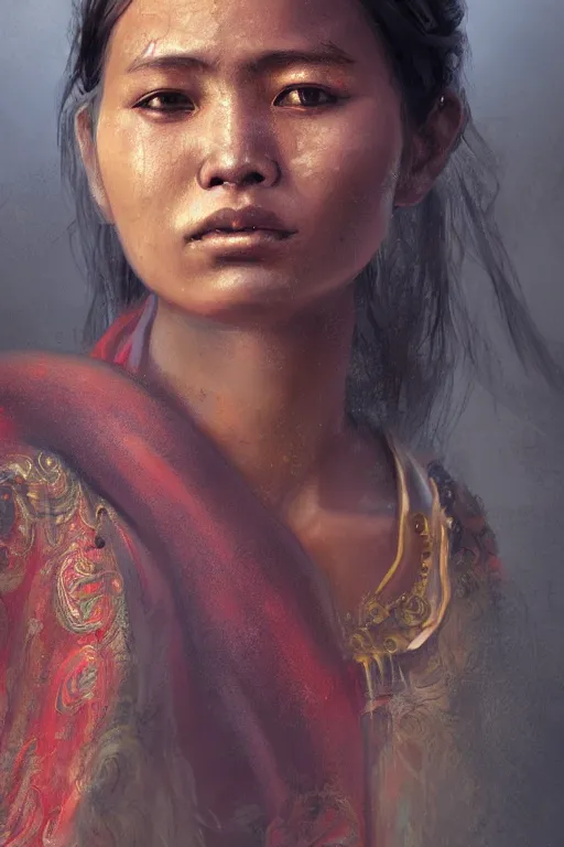 Prompt: a young nepalese woman, close-up portrait, poor, intricate, elegant, volumetric lighting, scenery, digital painting, highly detailed, artstation, sharp focus, illustration, concept art,ruan jia, steve mccurry