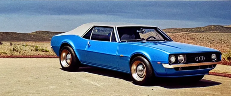 Image similar to denim blue audi camaro b 1 ( 1 9 6 9 ), establishing shot