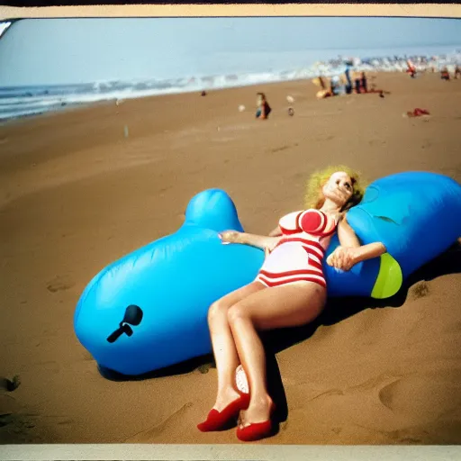 Image similar to A sad woman wearing an inflatable animal to the beach, 1980, color film expired film, aged photo, fellini almodovar john waters