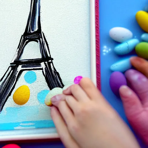 Image similar to A polar bear painting easter eggs in front of the Eiffel Tower