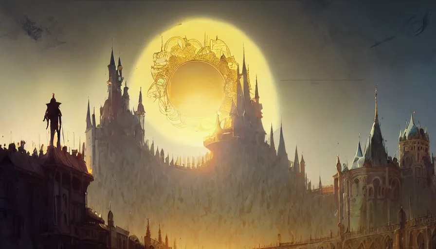 Image similar to ismail inceoglu and jama jurabaev's concept art, cel shadows, film shooting, trends on artstation, high quality, brush strokes, bright colors, incomparably magnificent golden gothic castle palace complex, a huge golden eclipse halo. ghibli, ring of mecha, extremely beautiful, magnificent perspective lens