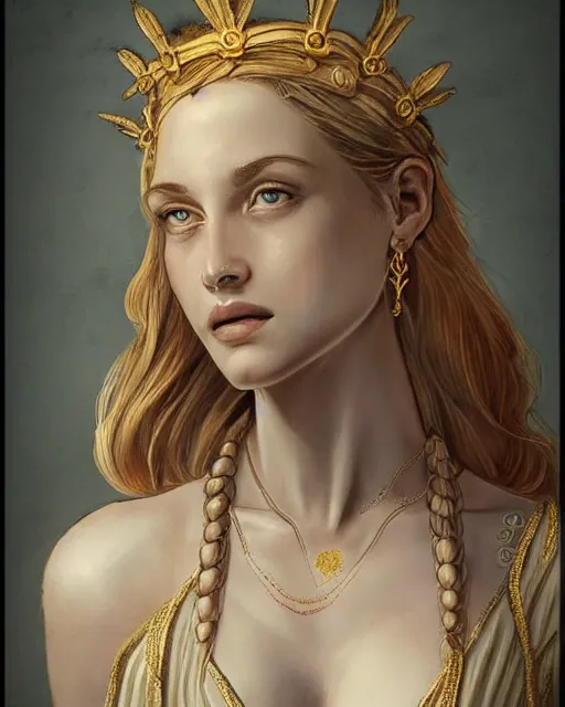 Image similar to front view of beautiful aphrodite greek goddess wearing a gold laurel wreath and triangle earrings, realism tattoo sketch, beautiful piercing eyes with sharp pupils, beautiful blonde hair, in the style of greg rutkowski, fantasy, amazing detail, epic, elegant, smooth, sharp focus, super model