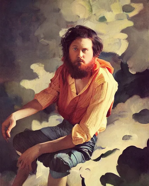 Prompt: a portrait of jim james age 2 5 by loish, frans hals, frank frazetta, mandy jurgens, fashion photography