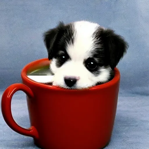 Prompt: extremely tiny puppy in a mug