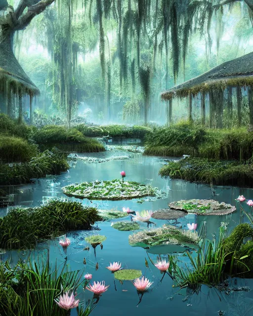 Prompt: Overgrown ballroom, flooded with swamp water, full of plants and lily pads, immaculate scale, matte painting, digital art, trending on Artstation, hyper-realistic, detailed, ultra detailed