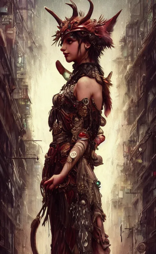 Image similar to hyper realistic Princess Mononoke, ornate mask magic, wet market street, cyberpunk metropolis, city landscape, jewels, full body pose, full moon, style of tom bagshaw, mucha, james gurney, norman rockwell, denoised, sharp