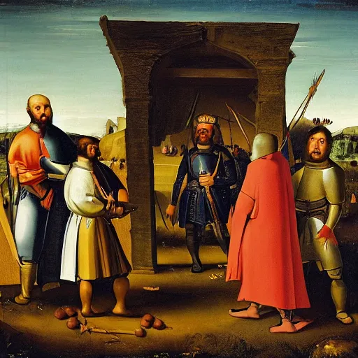 Image similar to a king and his knights standing over poor peasants, historical painting