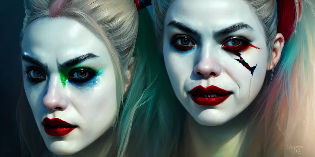 Image similar to ultra detailed close up facial portrait of harley quinn, green eyes, sharp bone structure, extremely detailed digital painting, in the style of fenghua zhong and ruan jia and jeremy lipking and peter mohrbacher, mystical colors, rim light, beautiful lighting, 8 k, stunning scene, raytracing, octane, trending on artstation