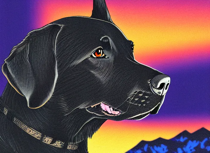 Prompt: portrait of black labrador, mountain background, anime, shigeto koyama, jean giraud, manga, 2 8 mm lens, vibrant high contrast, gradation, cinematic, rule of thirds, great composition, intricate, detailed, flat, matte print, sharp, clean lines, masakazu katsura