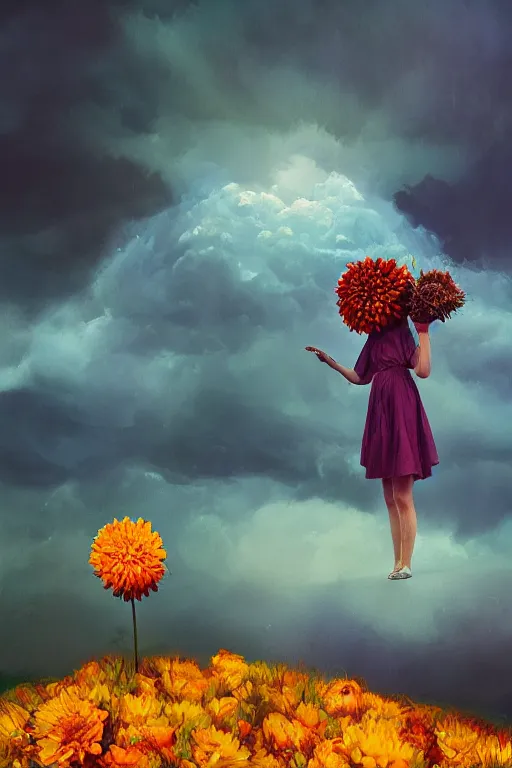 Image similar to closeup girl with giant dahlia flower head, standing on mountain, surreal photography, blue storm clouds, dramatic light, impressionist painting, digital painting, artstation, simon stalenhag