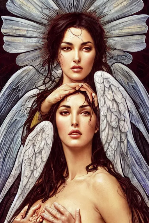 Image similar to monica bellucci as an angel, anatomy, cute, fantasy, intricate, elegant, highly detailed, digital painting, 4 k, hdr, concept art, smooth, sharp focus, illustration, art by artgerm and h r giger and alphonse mucha