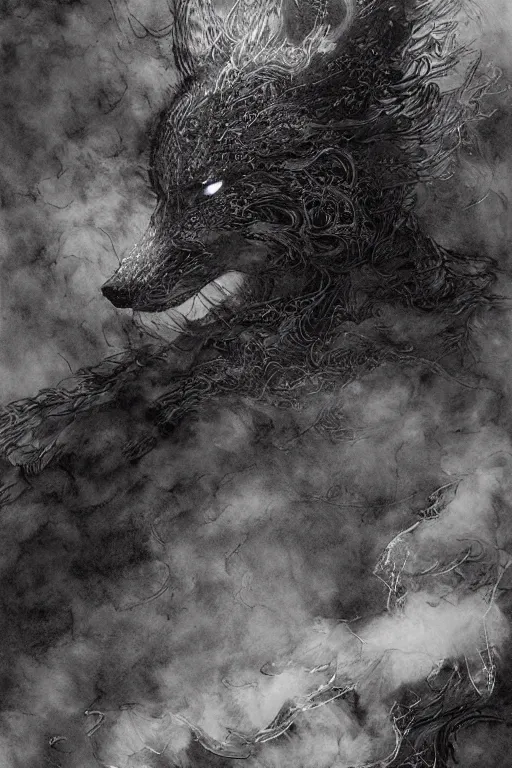 Prompt: portrait of a void fox in black suit surrounded by smoke fumes,, pen and ink, intricate line drawings, by craig mullins, ruan jia, kentaro miura, greg rutkowski