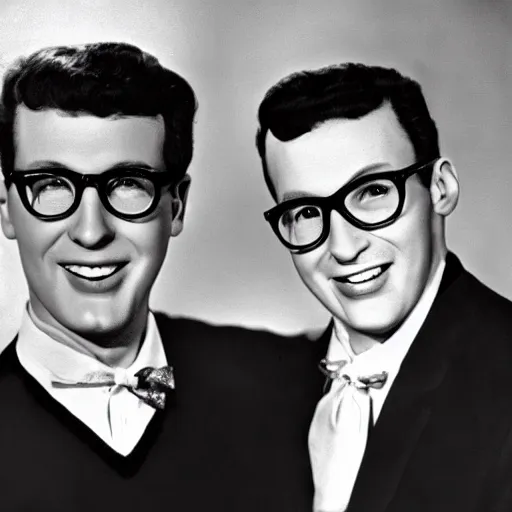 Image similar to a man who looks just like buddy holly, next to a man who looks like mary tyler moore. they do not care what they say about them. homies are dissing their girl as the picture is taken. stunning photography.