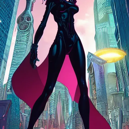 Prompt: Tall beautiful slender female witch with dark hair, futuristic, alien cityscape, artstation, graphic novel, colourful, 2D matte, art by Stanley Artgerm David Rubín, Mike Mignola, Laurie Greasley,