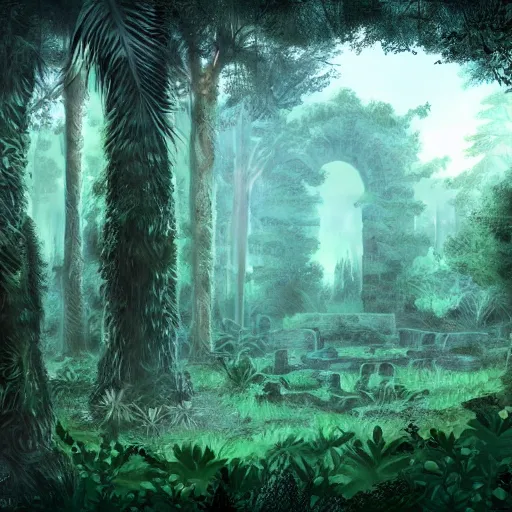 Image similar to ancient ruins in a forest,retrowave art,trending on art station