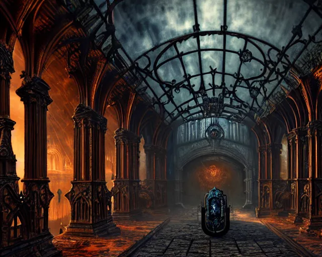 Image similar to steam necropolis, memento mori, gothic, neo - gothic, art nouveau, hyperdetailed copper patina medieval icon, stefan morrell, philippe druillet, ralph mcquarrie, concept art, steampunk, unreal engine, detailed intricate environment, octane render, moody atmospherics, volumetric lighting, ultrasharp, ominous, otherworldly