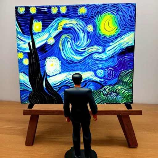 Prompt: joyous, fit, powerful, vincent van gogh standing next to his small painting starry night which is on an easel, stop motion vinyl action figure, plastic, toy, butcher billy style