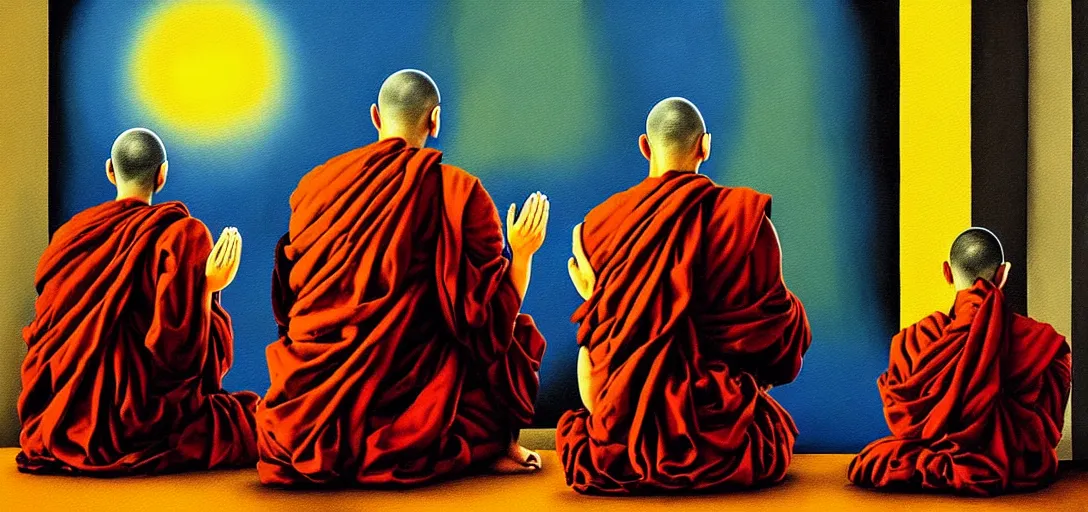 Prompt: dystopian surreal painting of monks praying