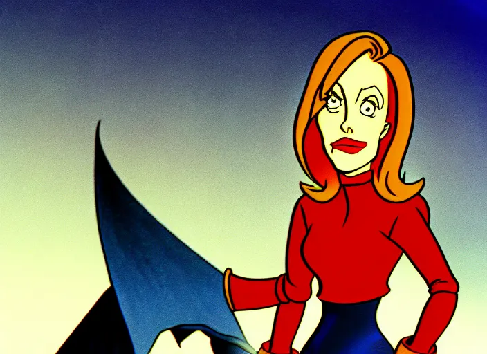 Image similar to dana scully in dragon's lair, shaded cartoon cel, animation model, sharp detail, thin linework, in the style of don bluth, filmation, toei animation, studio trigger, 5 k, hd