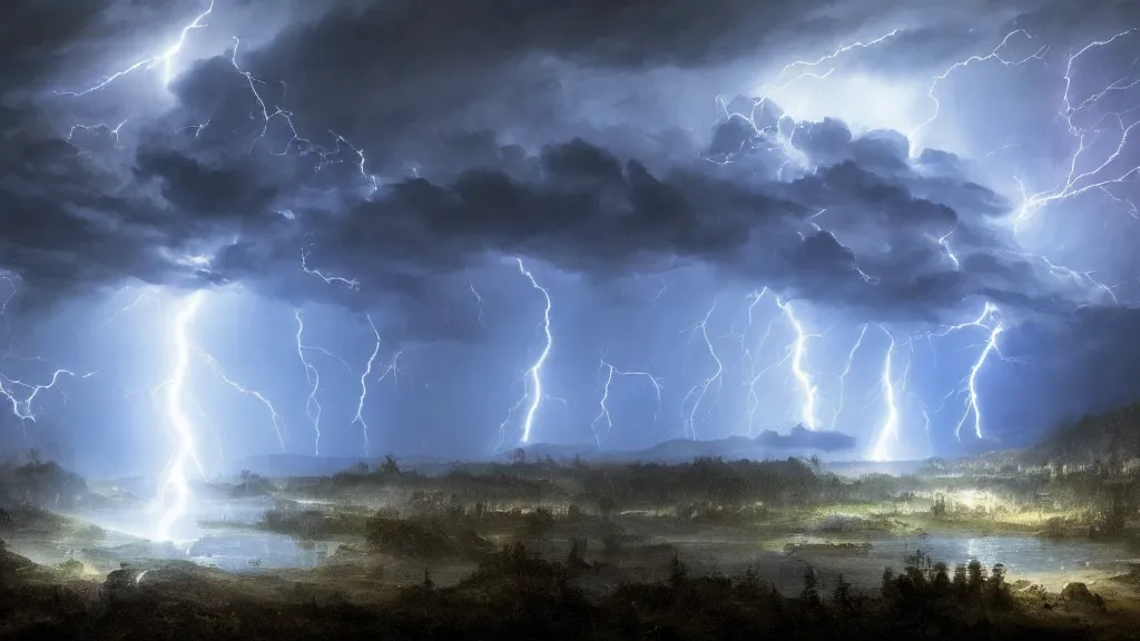 Prompt: battle for earth, lightning, storms, volumetric lightning by eugene von guerard, ivan shishkin, dramatic lighting, concept art, trending on artstation, 8 k