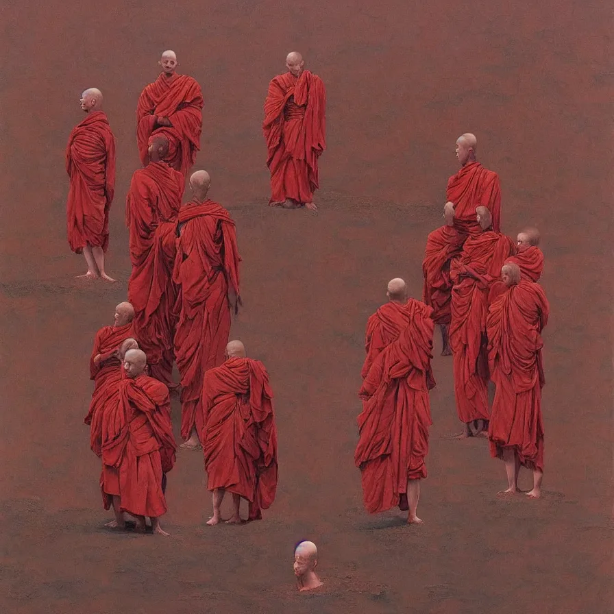 Image similar to faceless monks on a desert, red color scheme, high detailed beksinski painting, by adrian ghenie and gerhard richter. art by takato yamamoto. masterpiece, deep colours