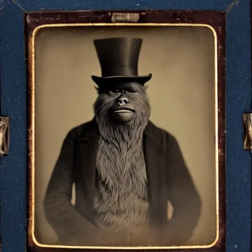 Image similar to a vintage wet plate portrait of a dignified bigfoot with a top hat and cane, extremely detailed, by edward s. curtis!!!!!!!!!!!!!!!!!!