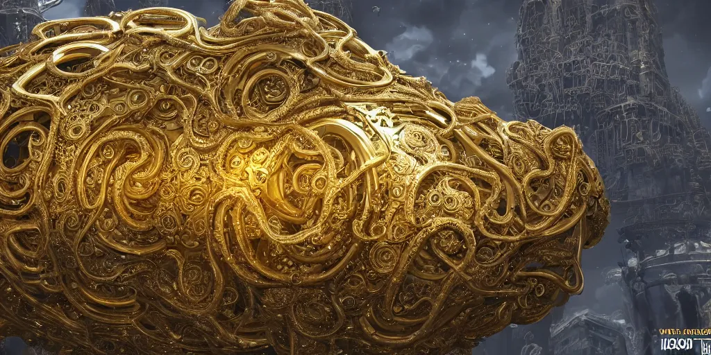 Prompt: a photo of 8k ultra realistic corrupted lovecraftian golden mothership, 8000 intricate white and gold tentacles, ornate white and gold armour, cinematic lighting, trending on artstation, 4k, hyperrealistic, focused, extreme details, unreal engine 5, cinematic, masterpiece