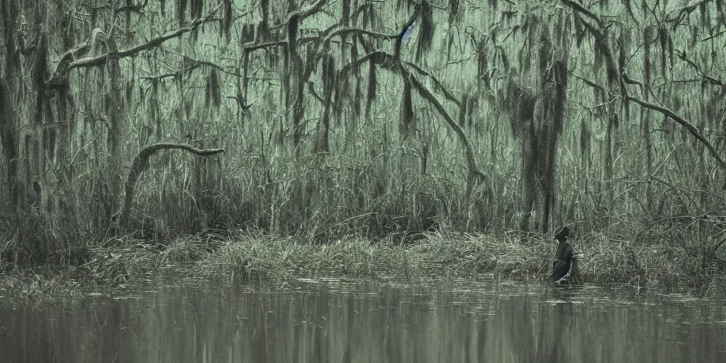 Image similar to A monster walking alongside a channel of water in a dense swamp, Kodachrome color film, grainy, film grain