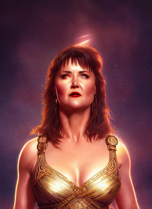 Image similar to portrait of lucy lawless as xena warrior princess, 1 9 5 0 s, intricate, elegant, glowing lights, highly detailed, digital painting, artstation, concept art, smooth, sharp focus, illustration, art by wlop, mars ravelo and greg rutkowski