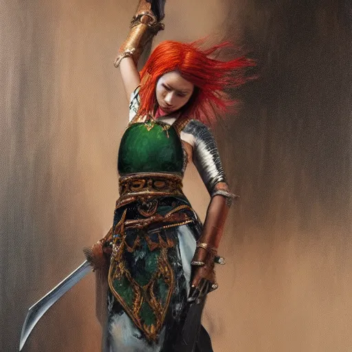 Prompt: oil painting of a jade sword hanging from the belt of a girl knight, hyperrealistic painting, deviantart, baroqe