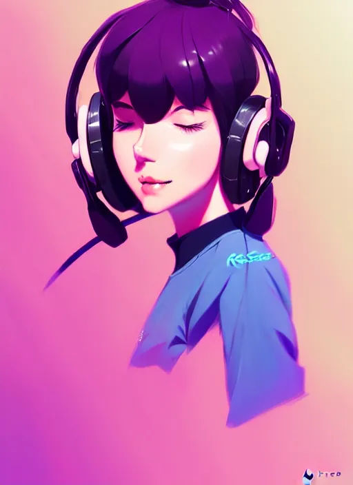 Image similar to female character inspired by 9 0's fashion and by madeline from celeste, art by rossdraws, wlop, ilya kuvshinov, artgem lau, sakimichan and makoto shinkai, concept art, headphones