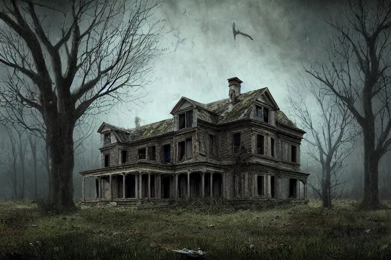 Image similar to dilapidated country estate, abandoned, eerie, spooky matte painting by andrea kowch, detailed realistic