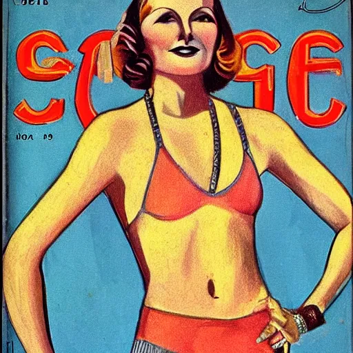 Image similar to a 1 9 2 8 cover of vogue. happy, healthy, beautiful, smiling, young, sporty, glowing greta garbo in decent swim wear. realistic detailed drawing