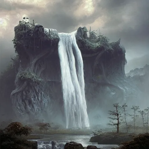 Prompt: waterfall emerging from the crumbling skull of a colossal ancient beast, by Andreas Rocha + Ted Nasmith, dark, epic, masterpiece, highly detailed, 8k resolution, trending on art station