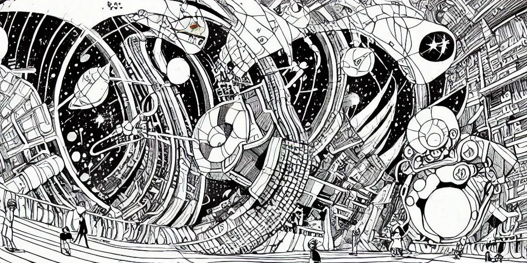 Prompt: traditional drawn colorful animation a solo skateboardist down to valley symmetrical architecture on the ground, space station planet afar, planet surface, ground, rocket launcher, outer worlds extraterrestrial hyper contrast well drawn Metal Hurlant Pilote and Pif in Jean Henri Gaston Giraud animation film The Masters of Time FANTASTIC PLANET La planète sauvage animation by René Laloux