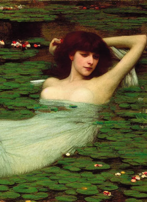 Prompt: lady laying on the river bed amongst the duck weed, underwater shot, submerged, medium shot, on the bed of the river, portrait by john william waterhouse, rosetti, monet, william holman hunt, 8 k