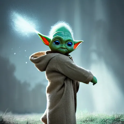 Image similar to the opening scene of the ( andy griffith tv show ) staring baby yoda and gandolf. photorealistic digital art in the style of pixar, epic fantasy, dramatic lighting, cinematic, extremely high detail, cinematic lighting, trending, artstation, cgsociety, 3 d ue 5, 4 k, hq