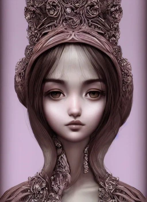 Image similar to closeup portrait a beautiful woman, moebius : 1 0, mark ryden : 5, popovy sisters : 1 0, intricate, hyperdetailed, bjd, trending on artstation : 3