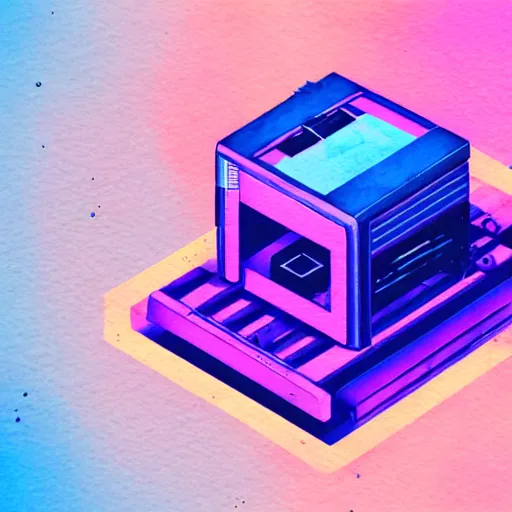 Image similar to an isometric watercolor illustration of an old printer in space, flat synthwave art style