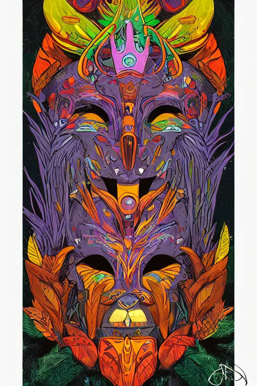 Image similar to animal mask totem roots flower tribal feather gemstone plant wood rock shaman vodoo video game vector cutout illustration vivid multicolor borderlands comics by josan gonzales and dan mumford radiating a glowing aura