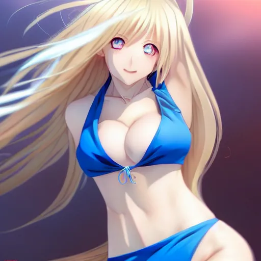 Image similar to a very beautiful young anime giantess from below, full body, long wavy blond hair, sky blue eyes, full round face, evil grin, bikini, miniskirt, front view, mid - shot, highly detailed, cinematic wallpaper by stanley artgerm lau