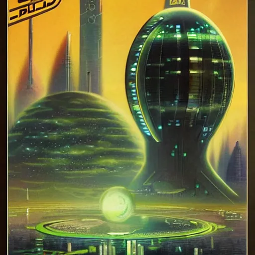 Image similar to futuristic city that orbits a desolate moon and lush planet, concept art, pulp novel cover