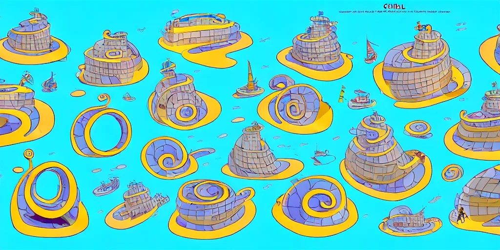 Prompt: chubby spiral shape cartoon concept art, ship port, from lorax movie, sam and max